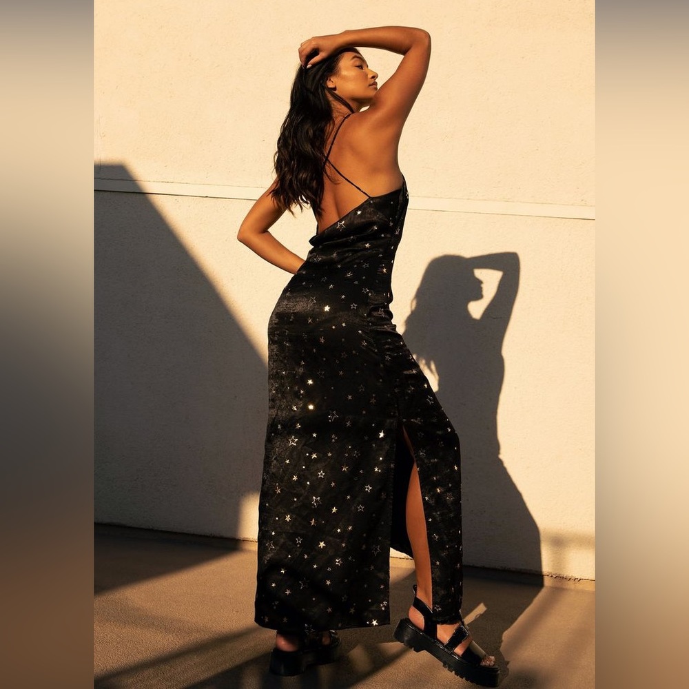 Nasty Gal star print strappy cowl neck satin slip maxi dress